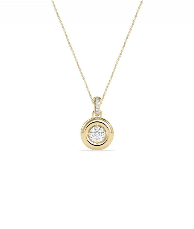 Bubble bezel diamond charm solid gold diamond bail attachment closeup detail showing sparkle