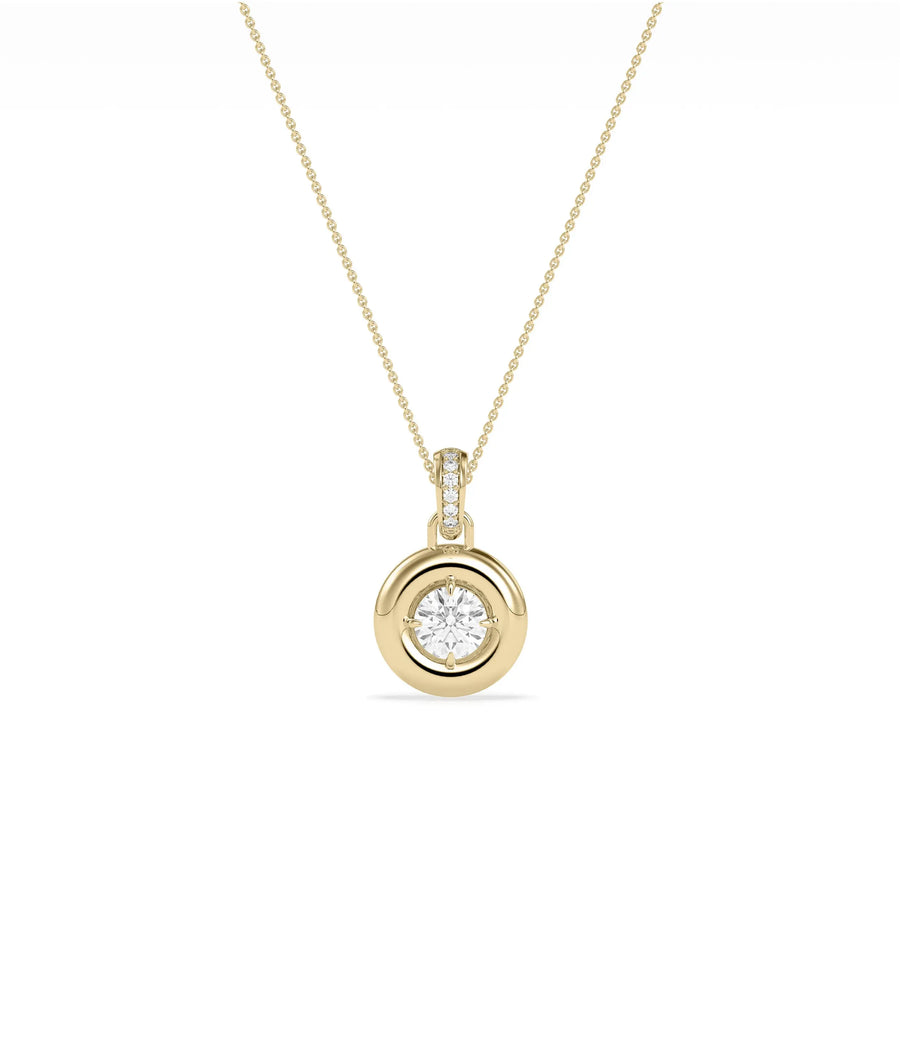 Bubble bezel diamond charm solid gold diamond bail attachment closeup detail showing sparkle