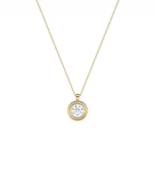 Layered bezel diamond charm solid gold concentric design closeup showing dimensional depth alternate view