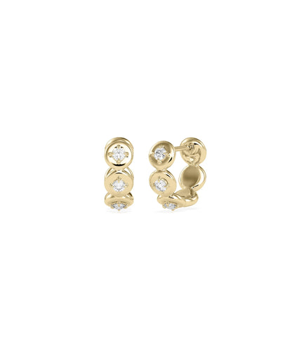 Bubble Diamond Set Hoop Earring with bezel diamonds on gold 10mm hoops pair view