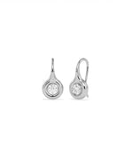 Round diamond dangle earrings bubble bezel solid gold 9mm width closeup detail shot