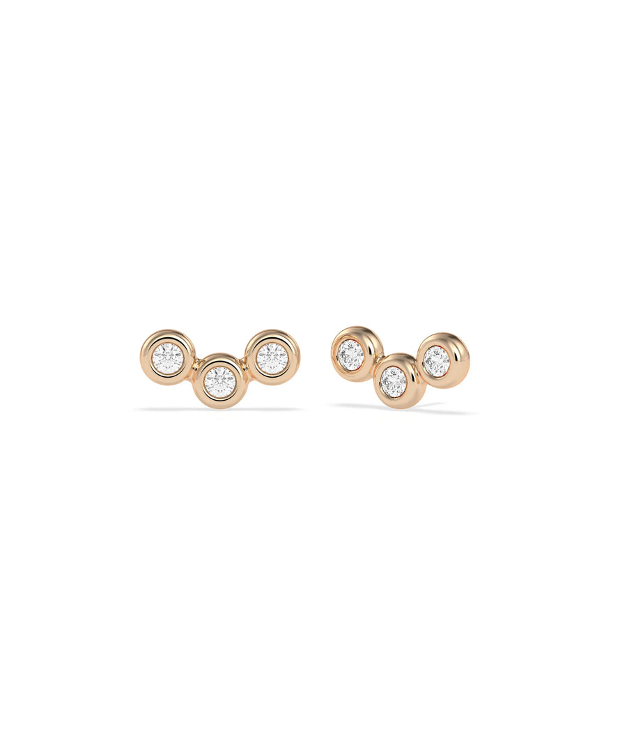 Bubble Three Stone Chevron Stud Earrings geometric design gold worn on ear angle