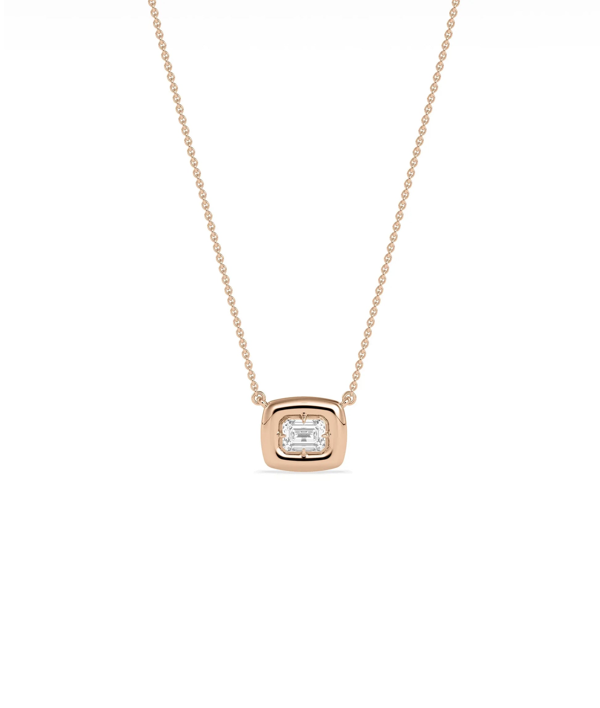 Diamond pendant bubble bezel solitaire necklace flat lay various shapes gold jewelry