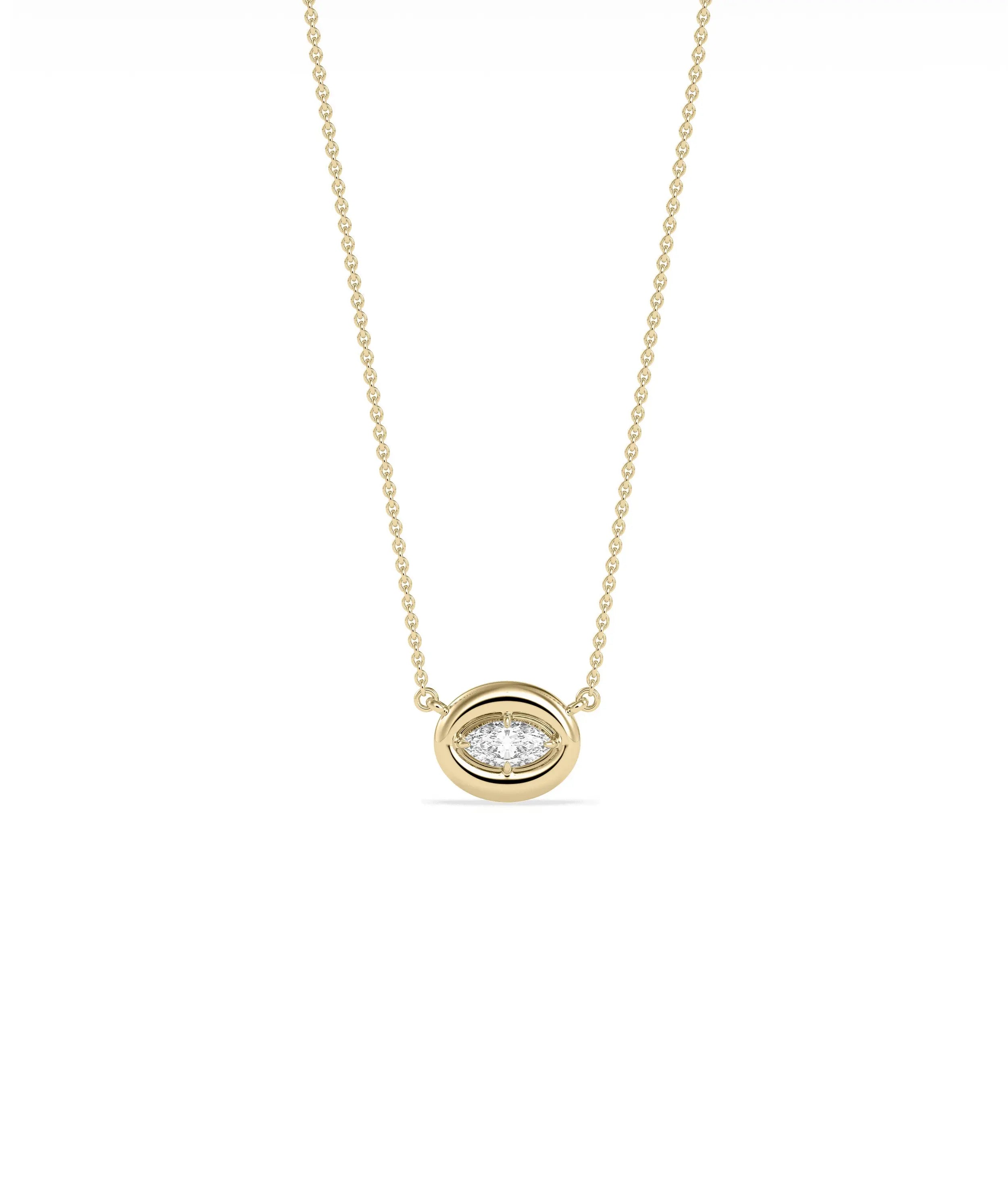 Bubble Solitaire Necklace with diamond pendant in bubble bezel setting on gold chain