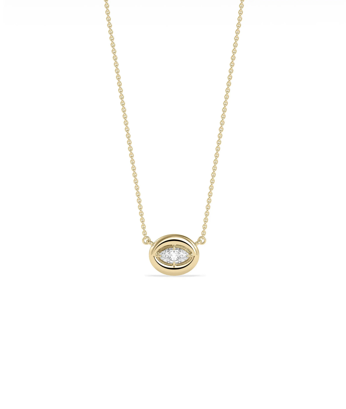 Bubble Solitaire Necklace with diamond pendant in bubble bezel setting on gold chain