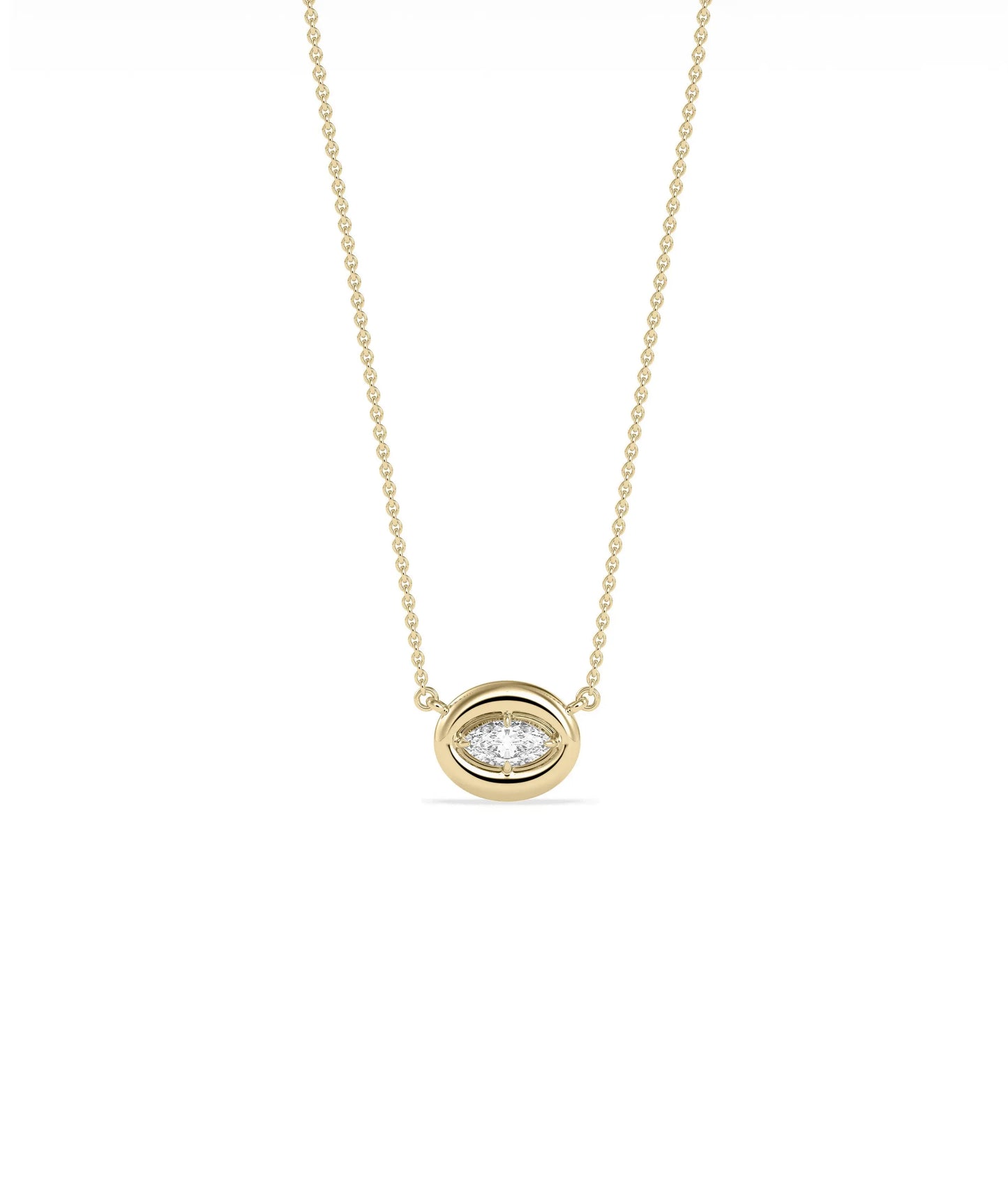 Bubble Solitaire Necklace with diamond pendant in bubble bezel setting on gold chain