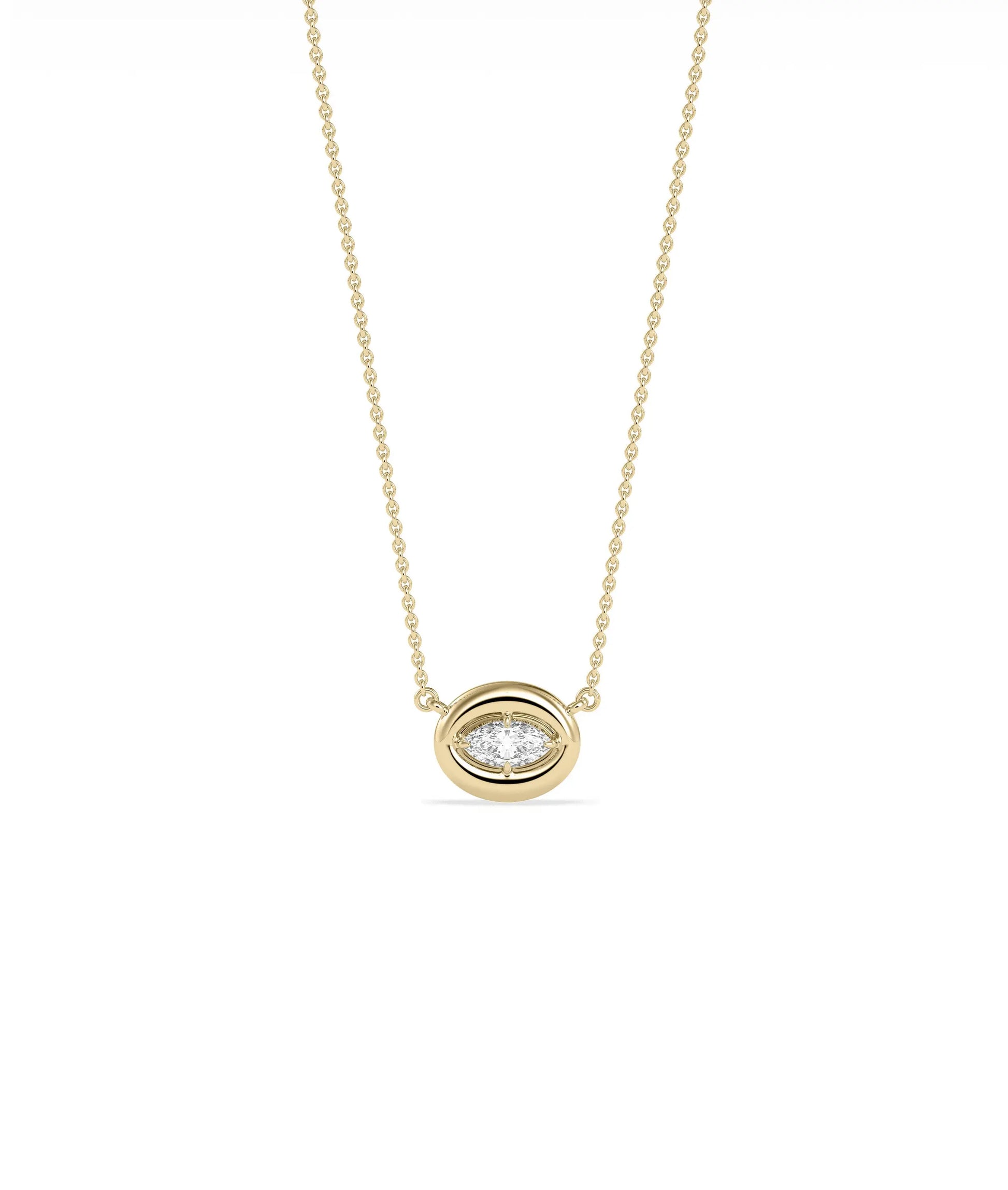 Bubble Solitaire Necklace with diamond pendant in bubble bezel setting on gold chain