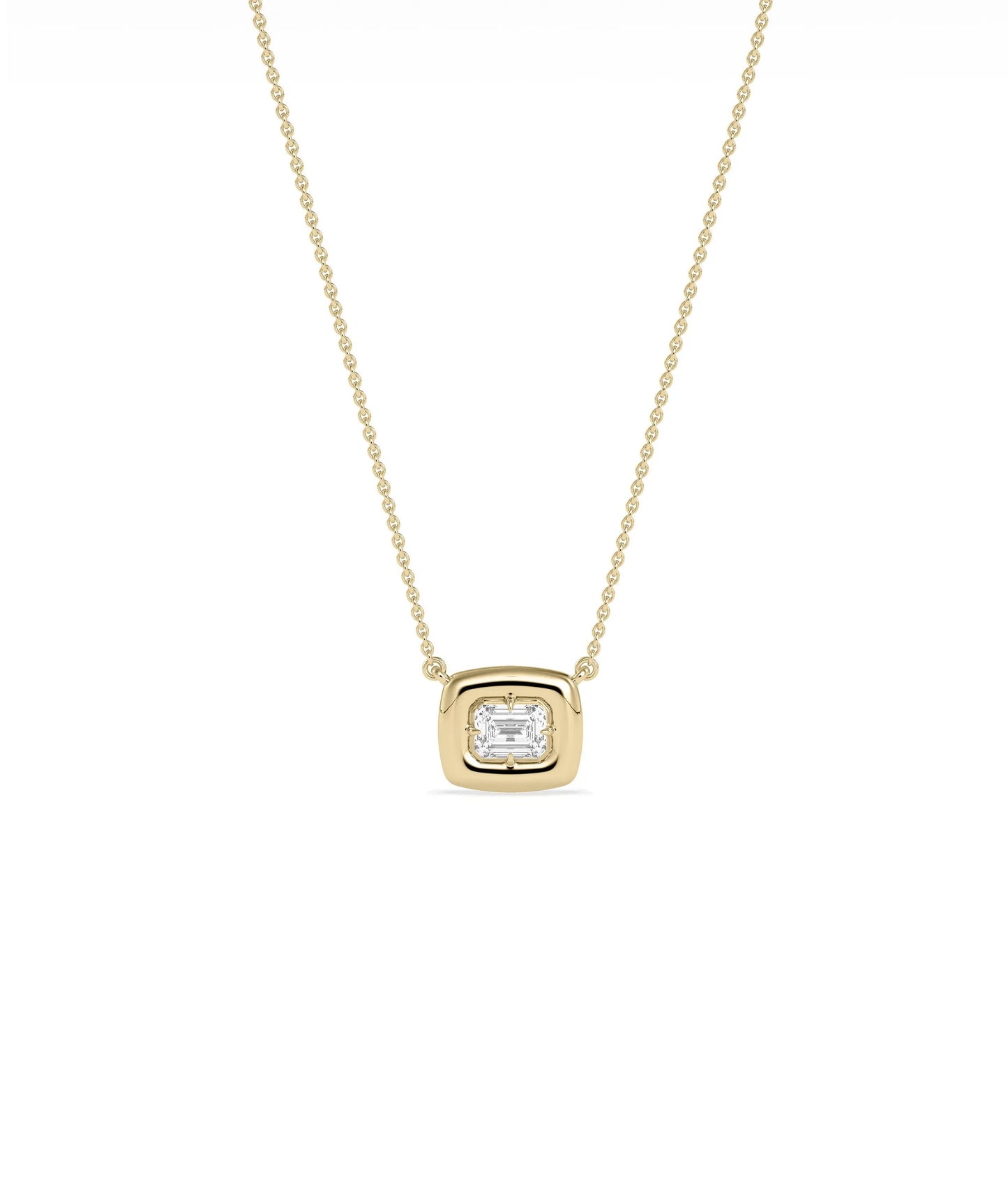Single diamond necklace bubble bezel design solid gold chain closeup pendant detail