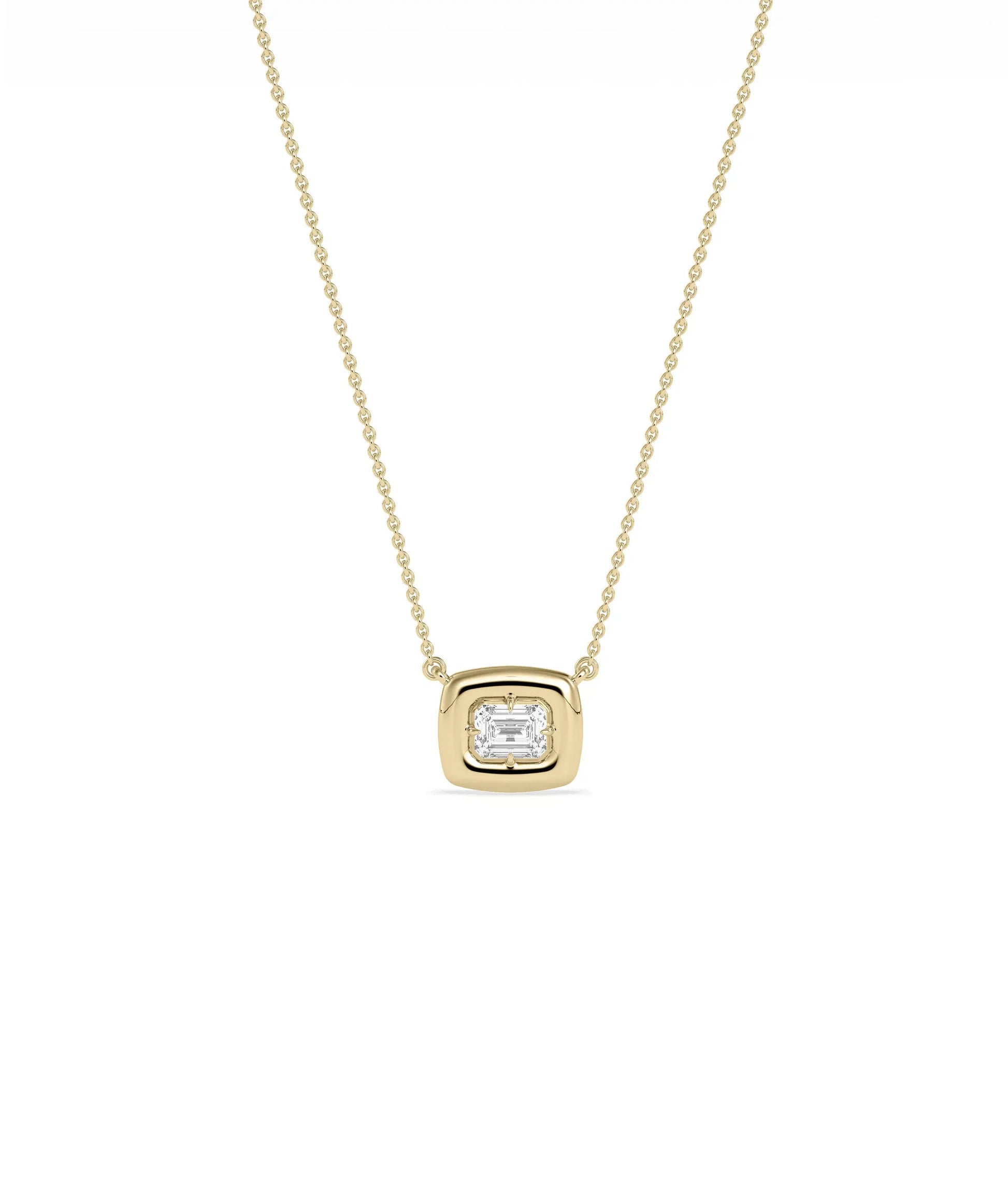 Single diamond necklace bubble bezel design solid gold chain closeup pendant detail