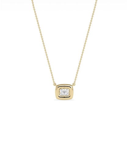 Single diamond necklace bubble bezel design solid gold chain closeup pendant detail