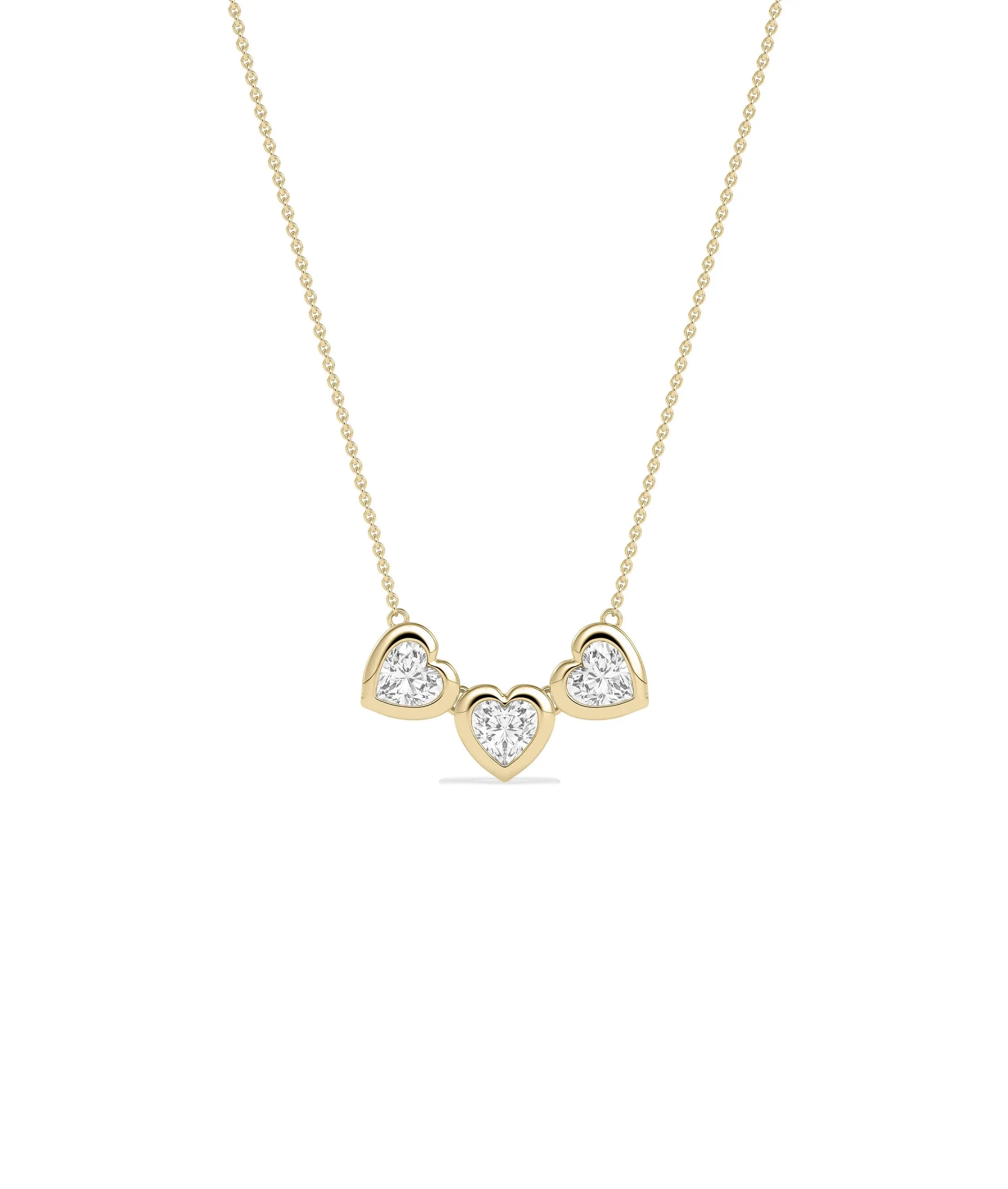 Bubble Three Hearts Necklace with heart shaped diamonds on gold cable chain pendant
