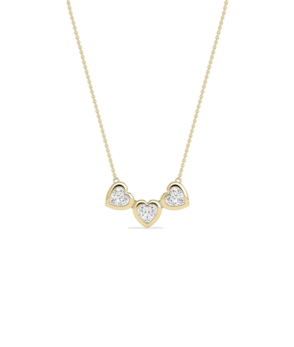 Bubble Three Hearts Necklace with heart shaped diamonds on gold cable chain pendant