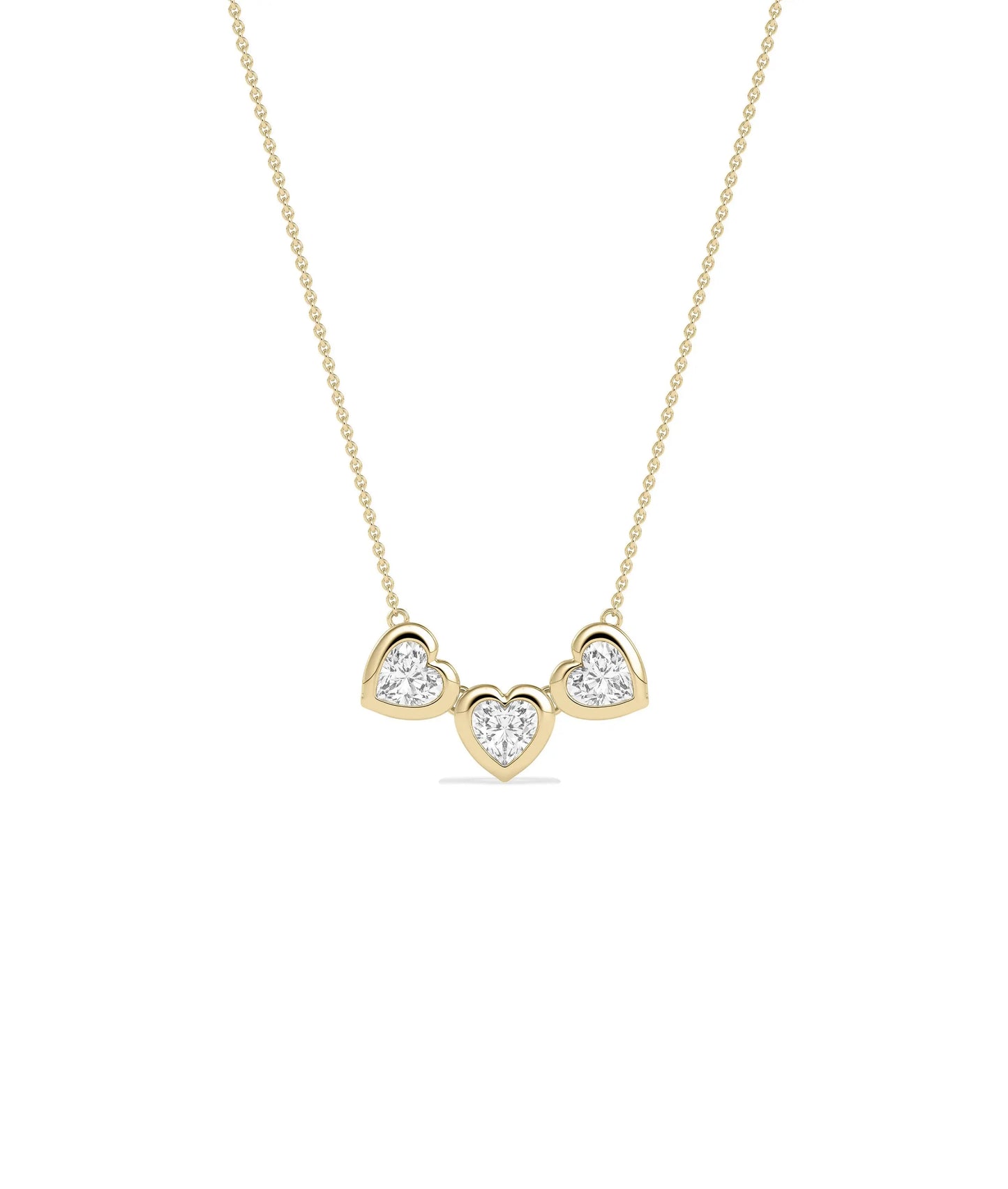 Bubble Three Hearts Necklace with heart shaped diamonds on gold cable chain pendant