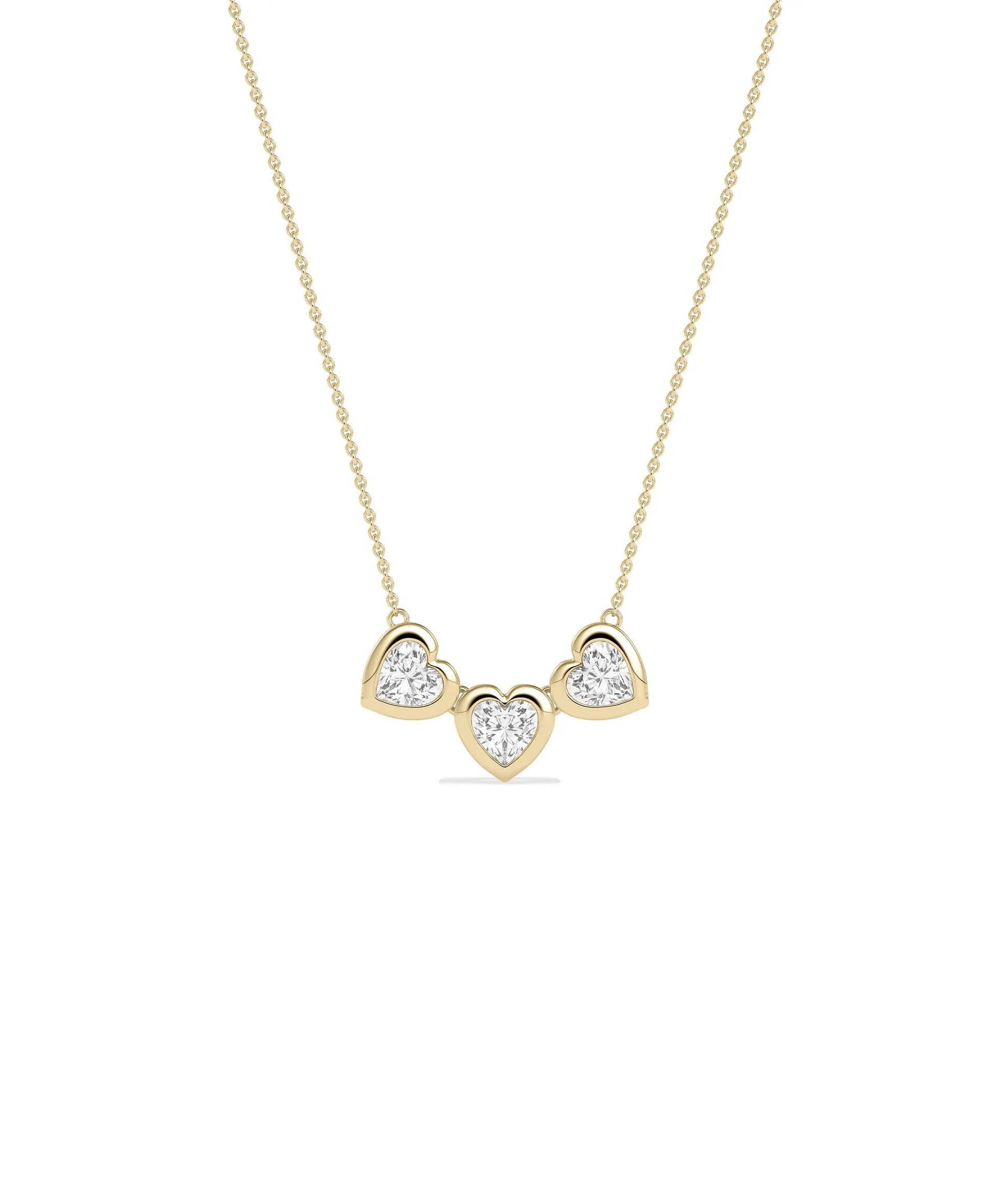 Bubble Three Hearts Necklace with heart shaped diamonds on gold cable chain pendant