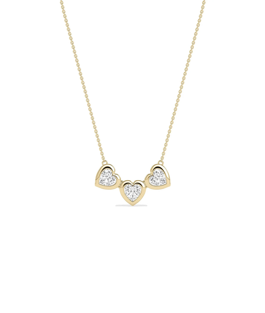 Bubble Three Hearts Necklace with heart shaped diamonds on gold cable chain pendant