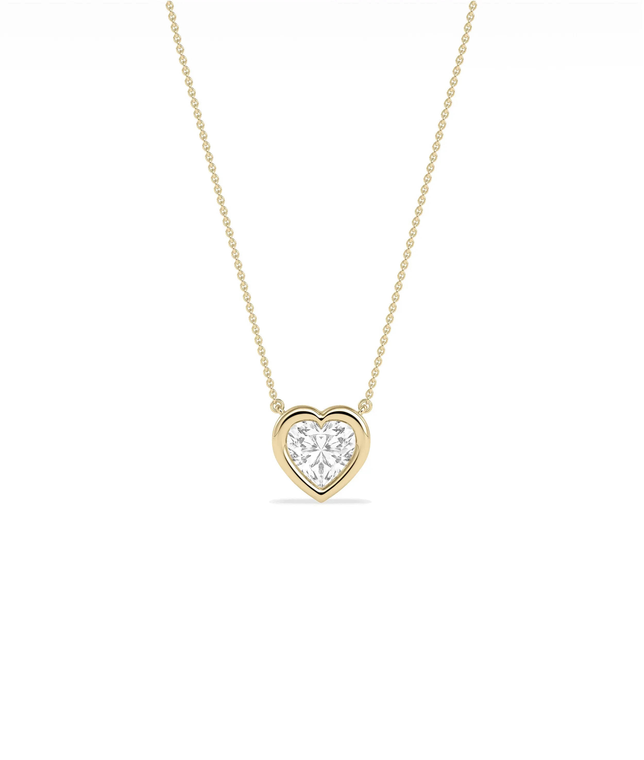 Bubble Bezel Set Heart Shape Solitaire Necklace with diamond pendant on gold cable chain