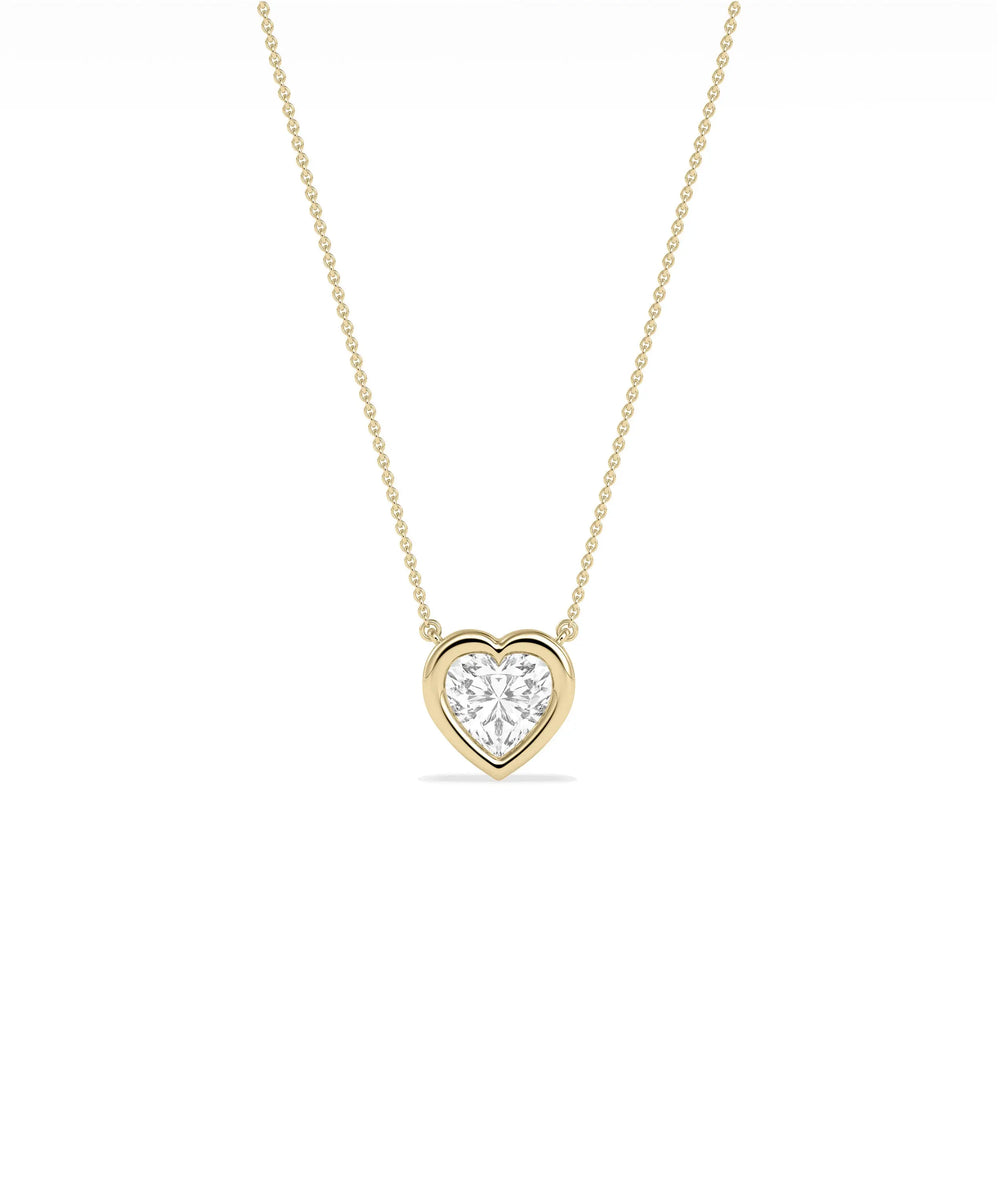 Bubble Bezel Set Heart Shape Solitaire Necklace with diamond pendant on gold cable chain