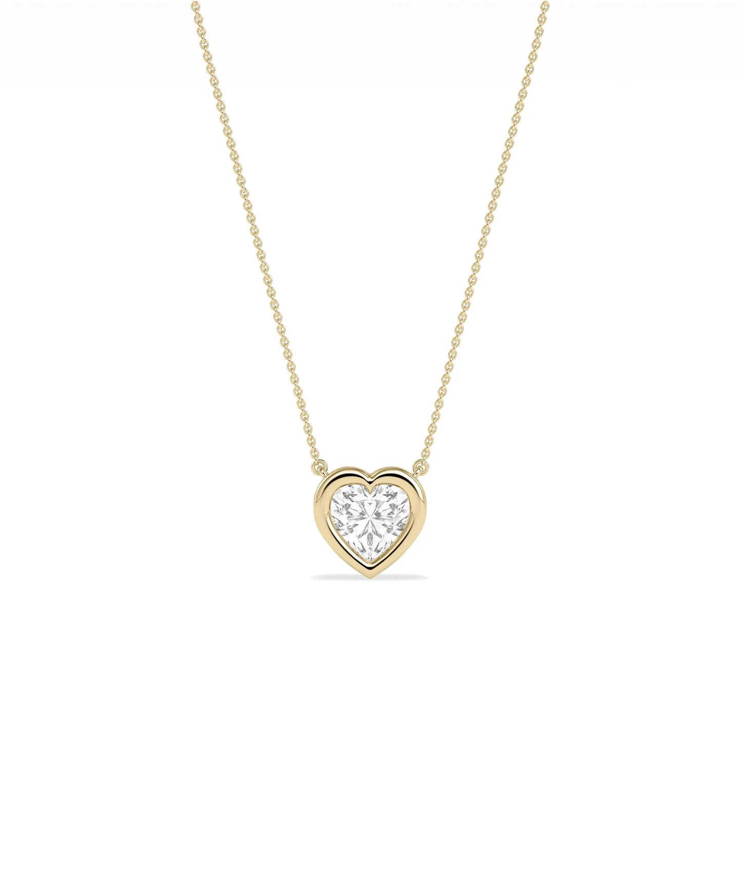 Bubble Bezel Set Heart Shape Solitaire Necklace with diamond pendant on gold cable chain