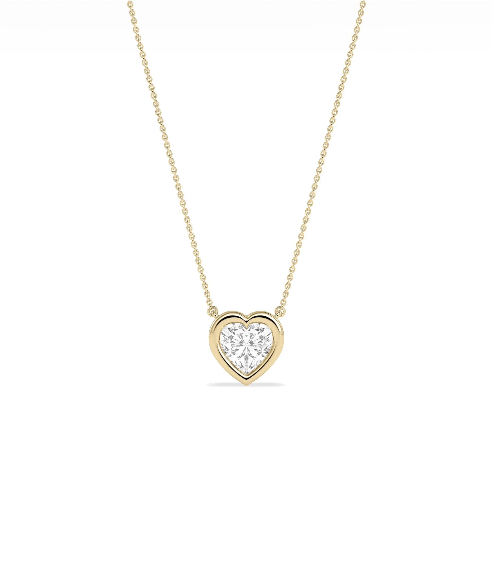 Bubble Bezel Set Heart Shape Solitaire Necklace with diamond pendant on gold cable chain