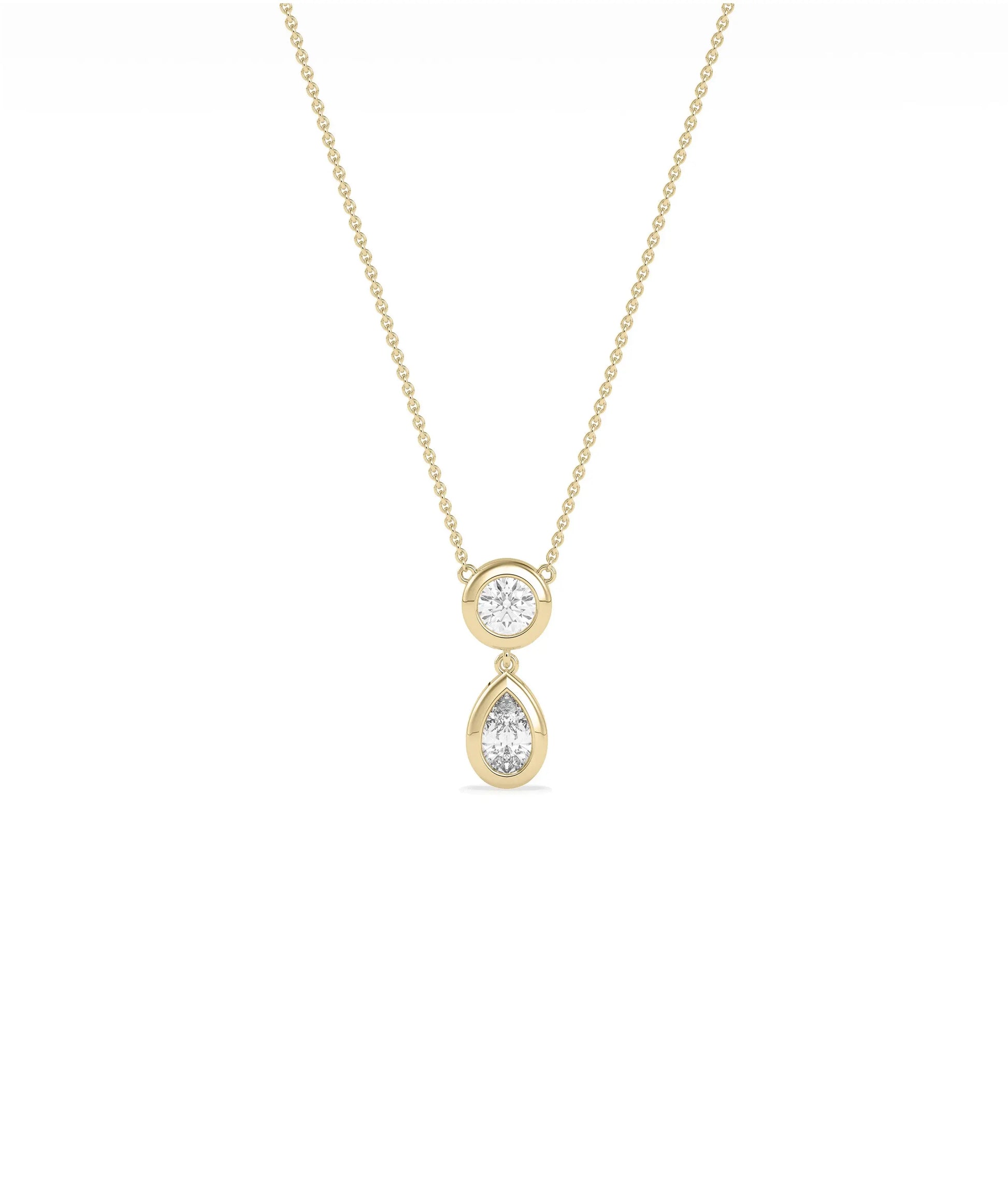 Bezel Set Two Stone Necklace dual diamonds gold bezel settings cable chain