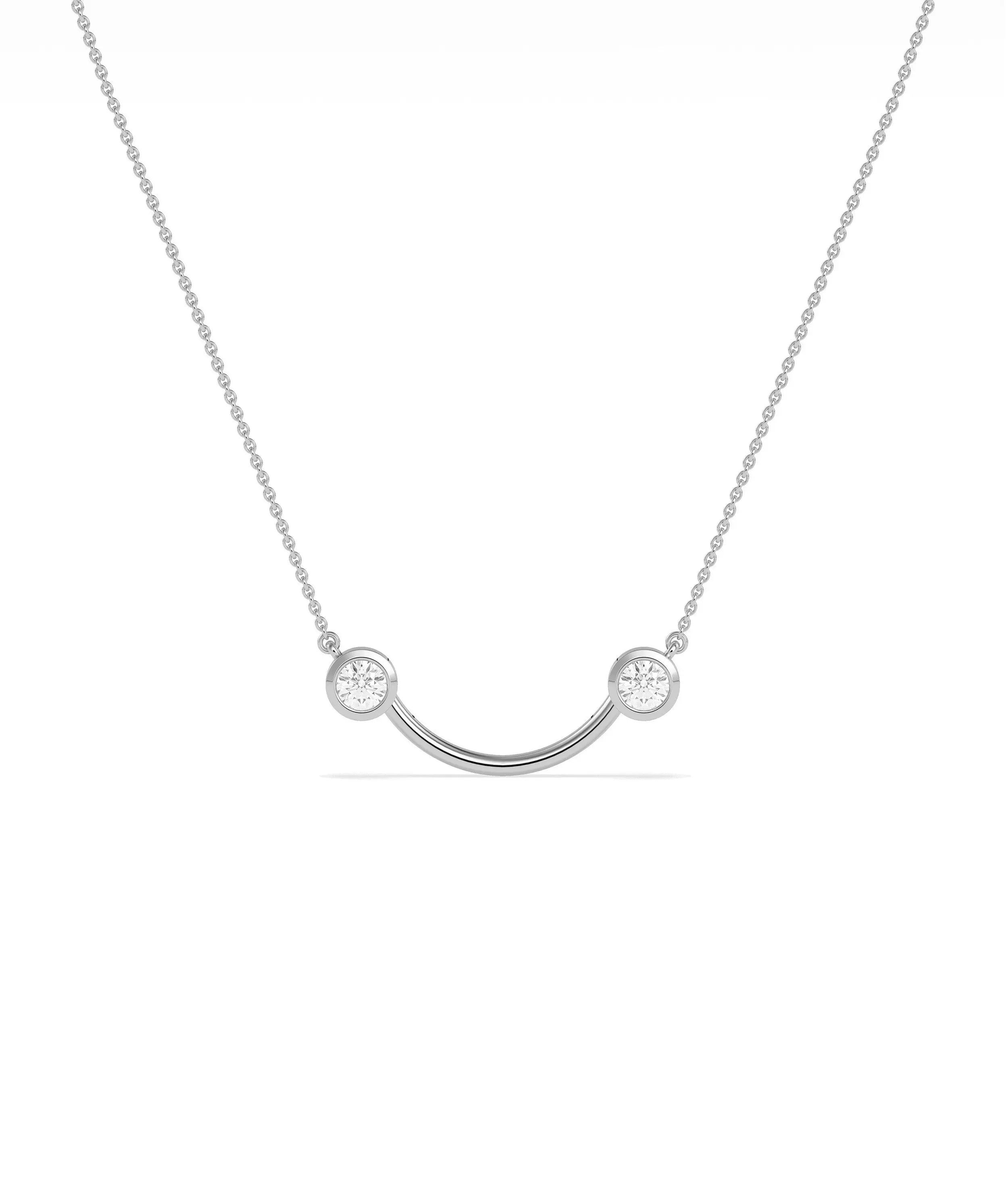 Smile pendant necklace showing curved design with two diamond accents
