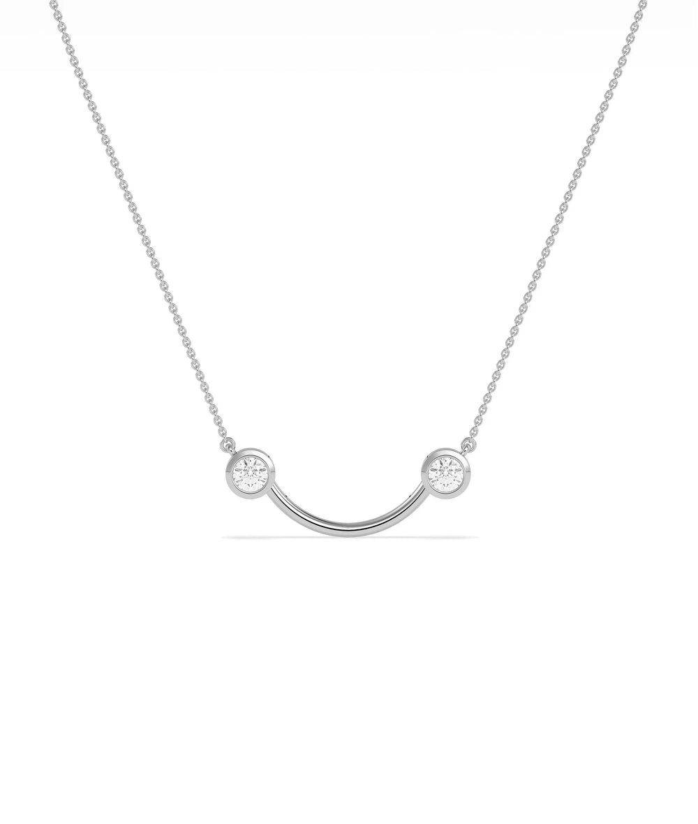 Smile pendant necklace showing curved design with two diamond accents