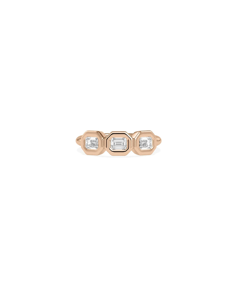 Emerald cut diamond band ring close up of bubble setting and step cut facets