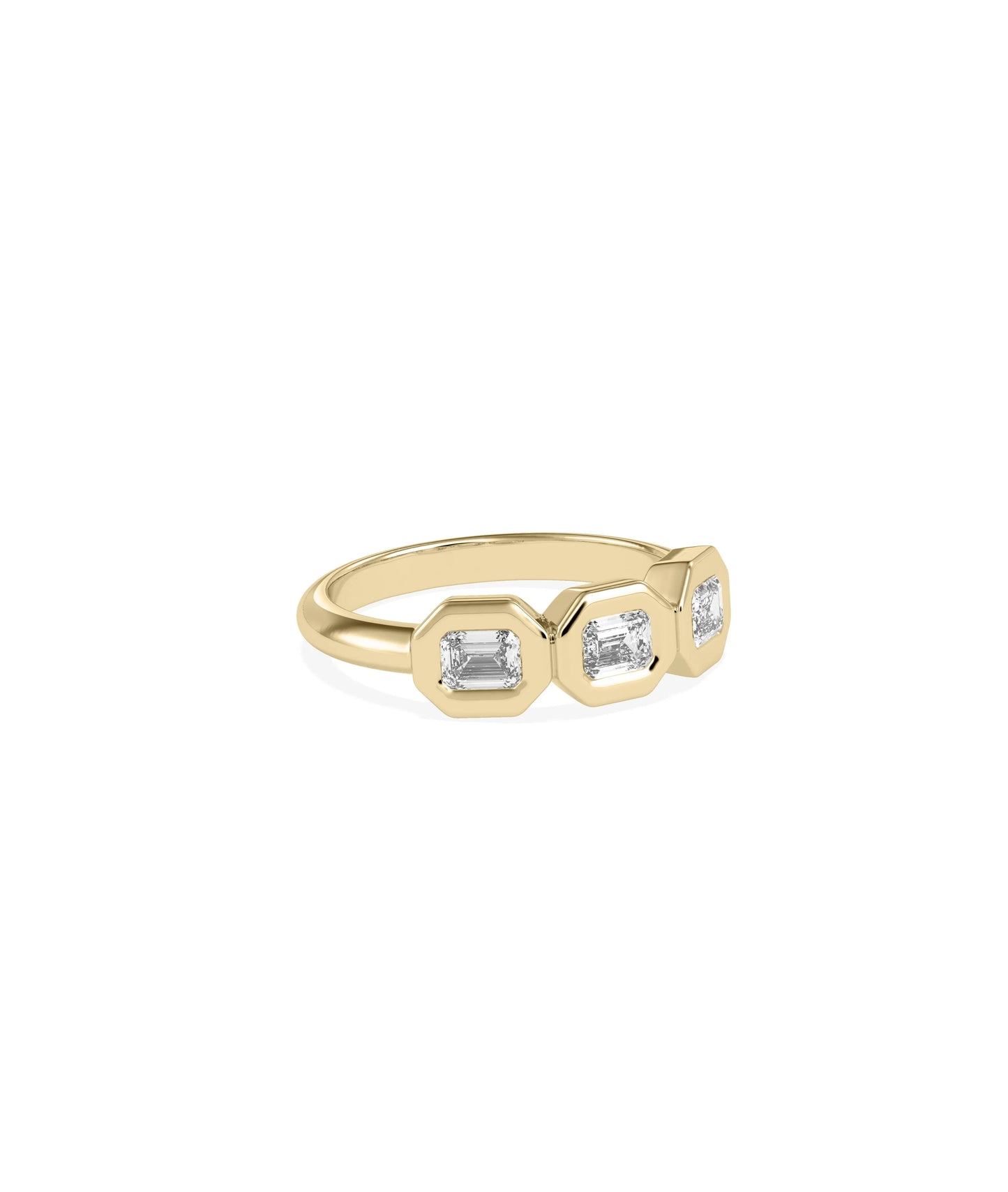 Three stone emerald cut ring showing bubble bezel frames and linear design