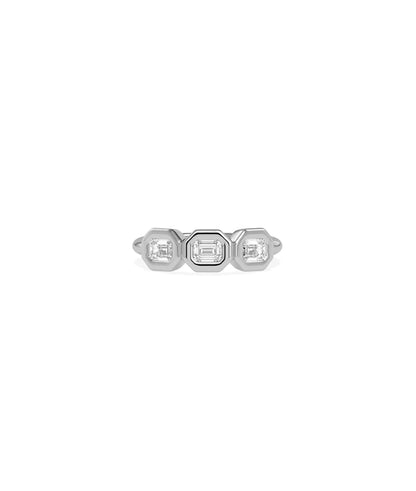 3 Emerald Cut Bubble Bezel Set Band Ring side profile displaying dimensional bezels