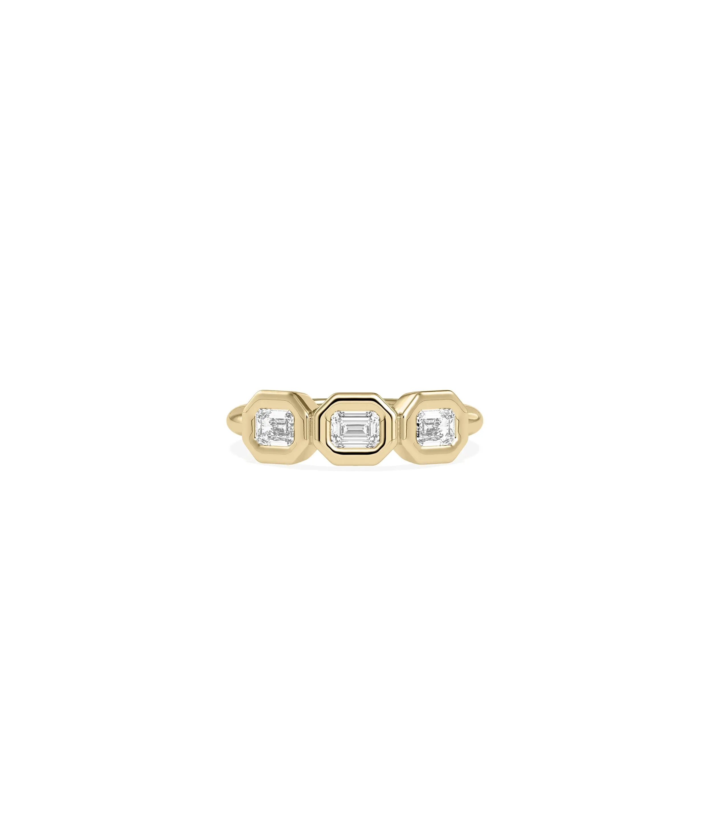 3 Emerald Cut Bubble Bezel Set Band Ring three diamonds gold protective settings