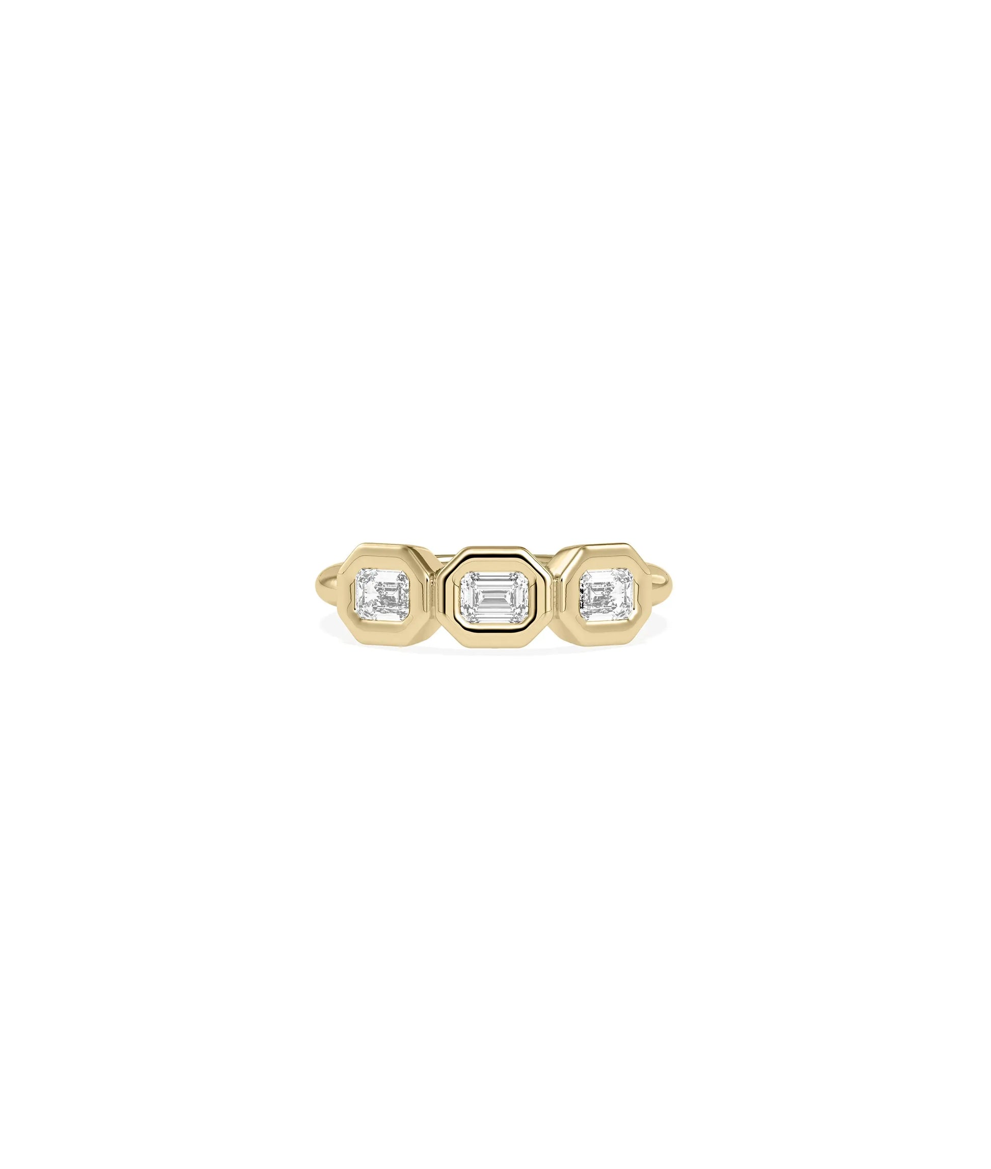 3 Emerald Cut Bubble Bezel Set Band Ring three diamonds gold protective settings