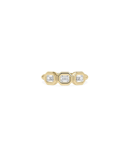 3 Emerald Cut Bubble Bezel Set Band Ring three diamonds gold protective settings