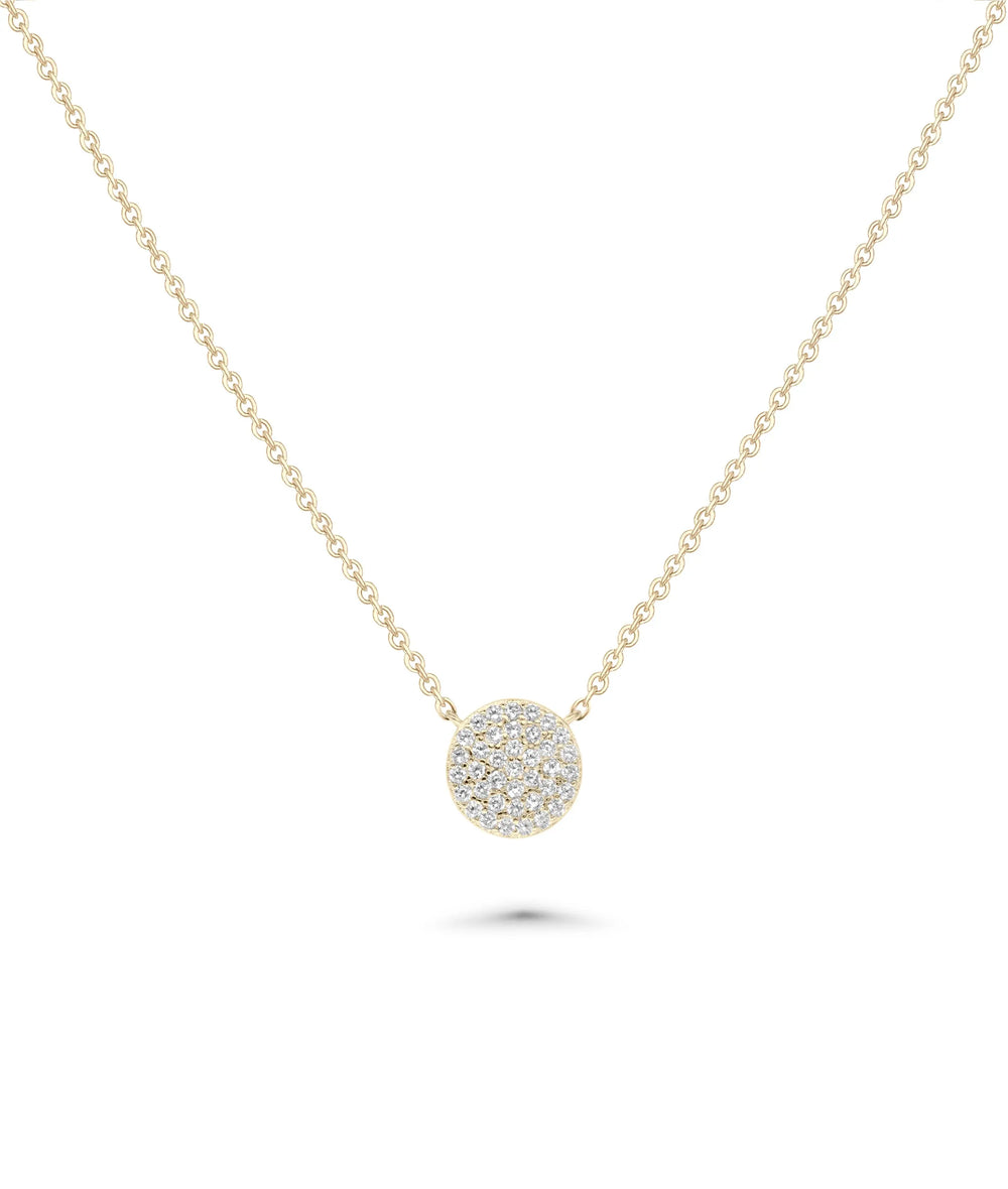 Diamond Pave Coin Necklace front view yellow gold with sparkling coin pendant