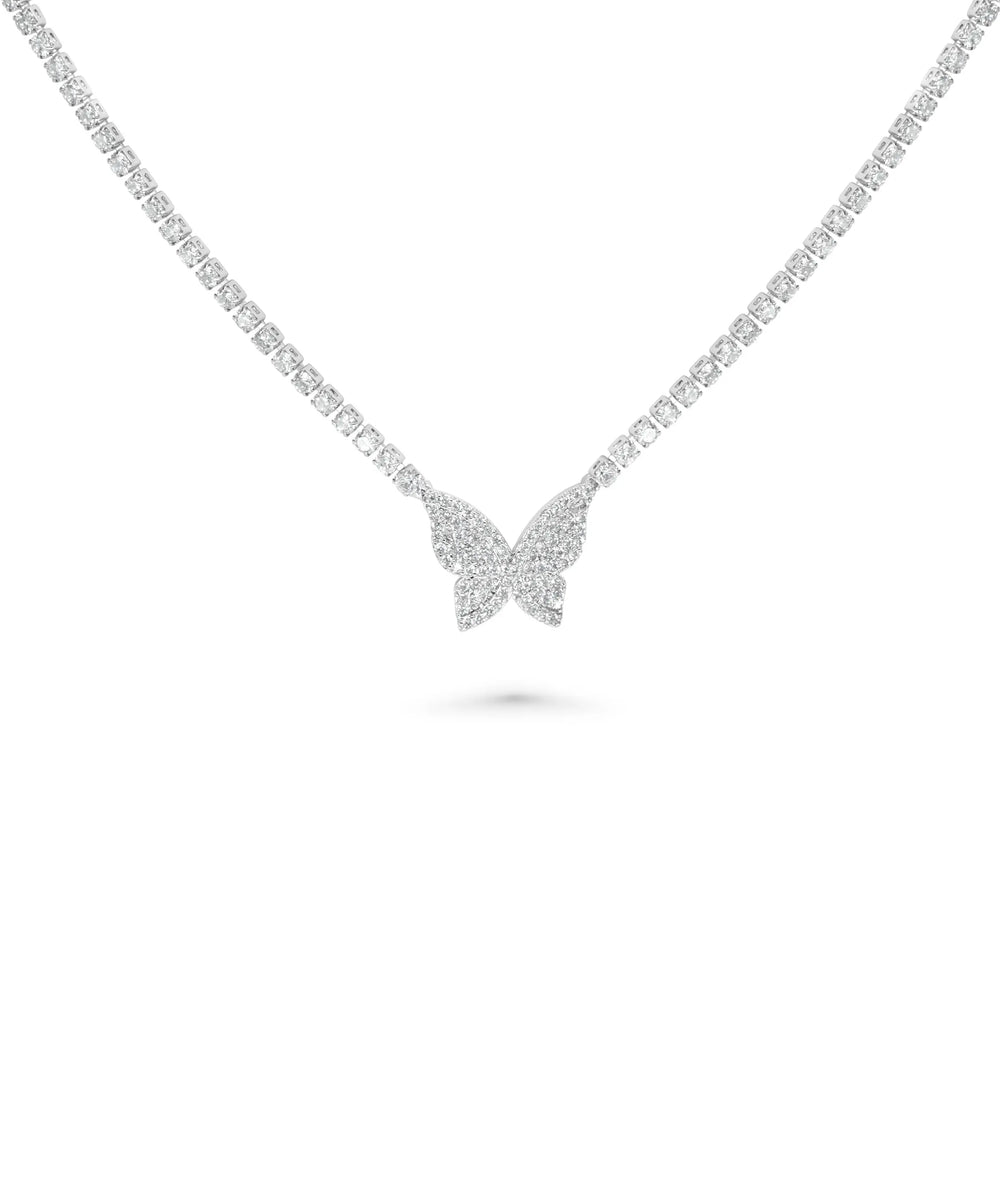 Tennis Necklace with Butterfly Pave Charm featuring continuous diamond chain