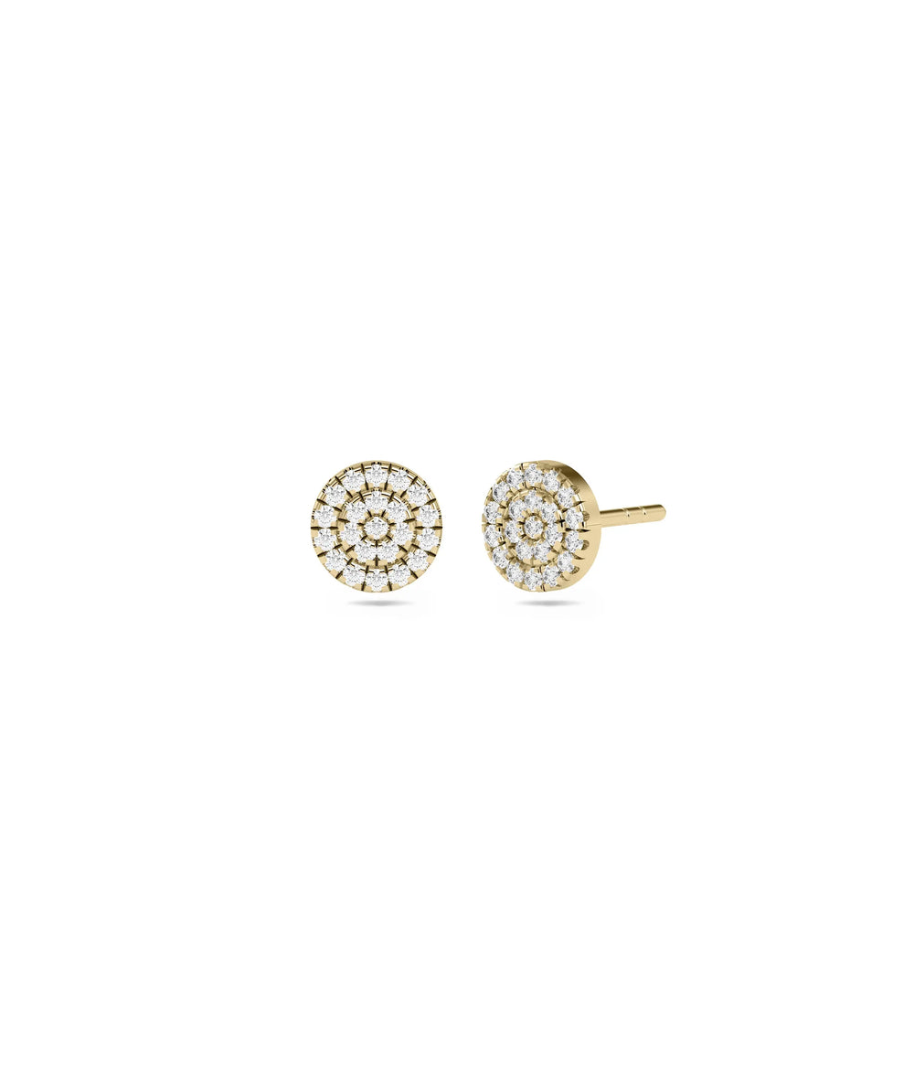 Diamond Pave Disc Stud Earring yellow gold showing complete diamond coverage