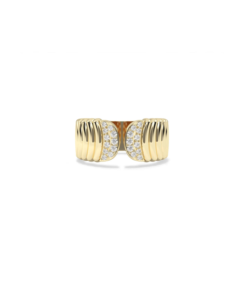 Diamond Pave and Fluted Split Wide Band Ring in yellow gold with sparkle front view