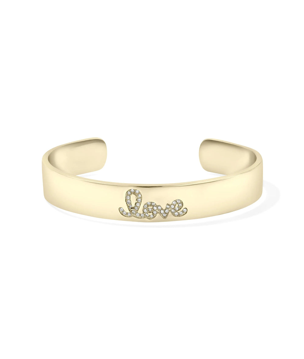 Mantra Open Cuff Bangle front view yellow gold with inspirational engraving