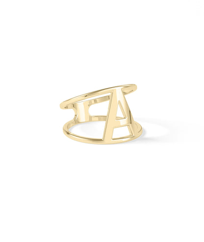 Side view of Large Gold Initial Ring highlighting dimensional letter design