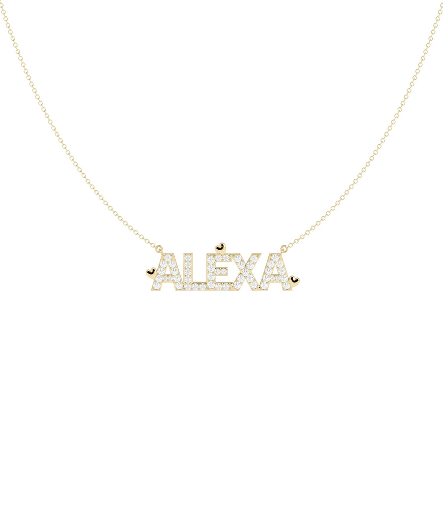 Diamond Name with Gold Hearts Name Necklace featuring sparkling personalized letters