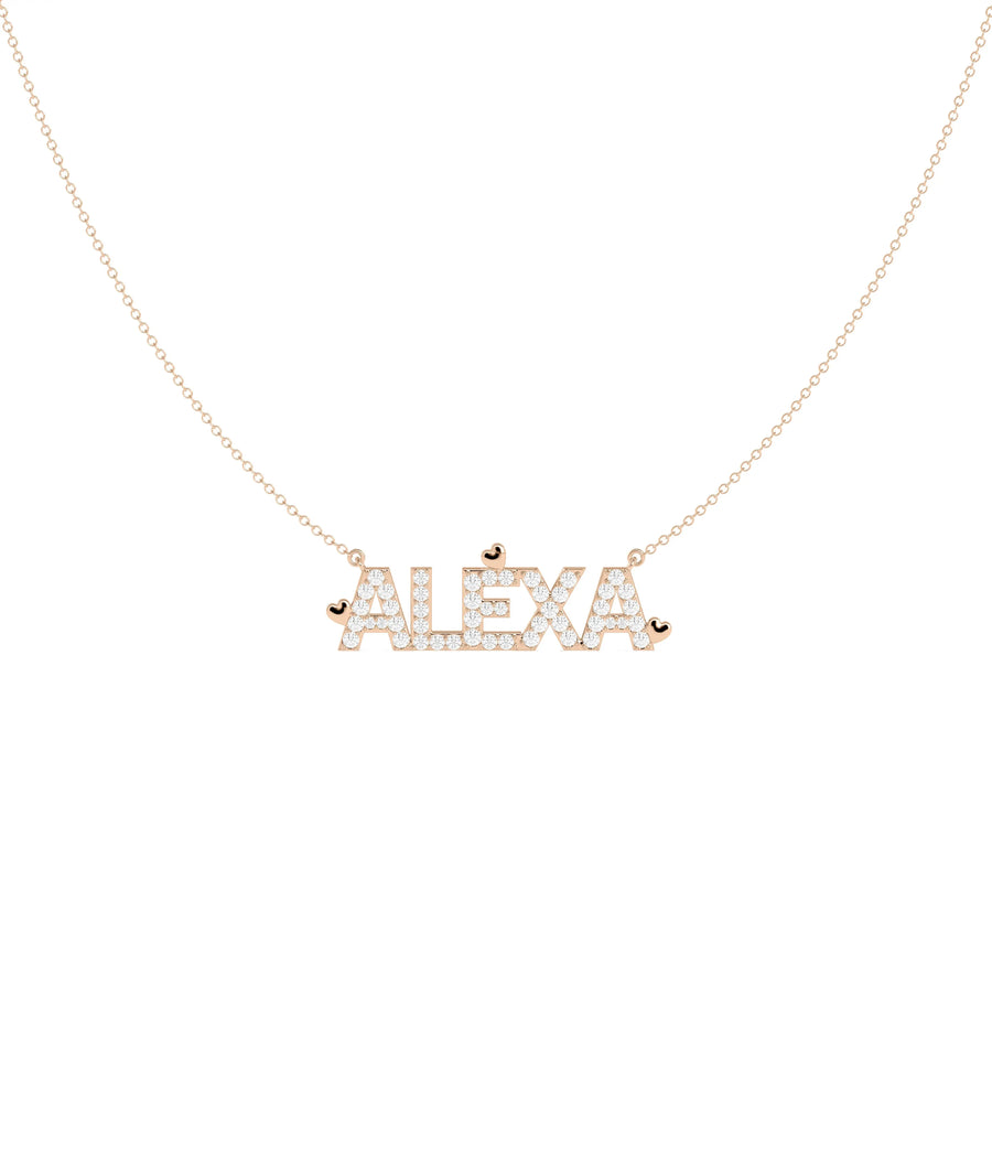 Diamond Name with Gold Hearts Name Necklace worn at collarbone displaying customization