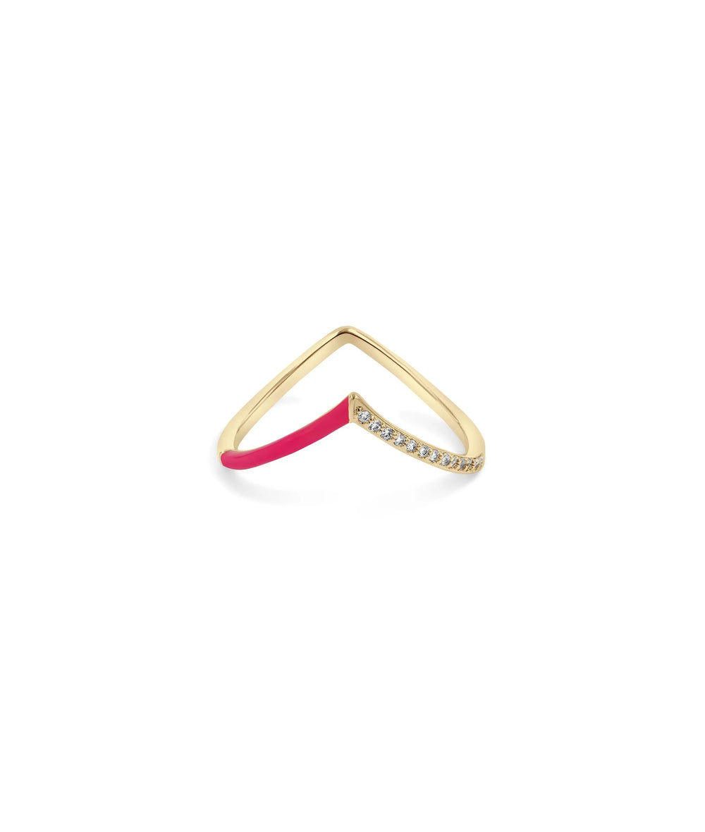 Chevron Enamel and Diamond Ring front view yellow gold with V-pattern design
