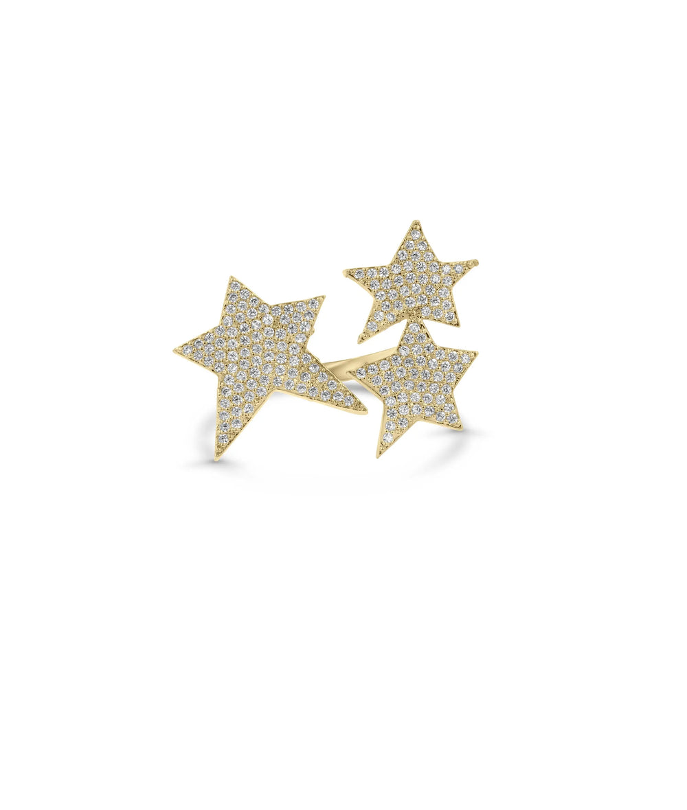 3 Star Diamond Ring front view yellow gold with triple celestial design