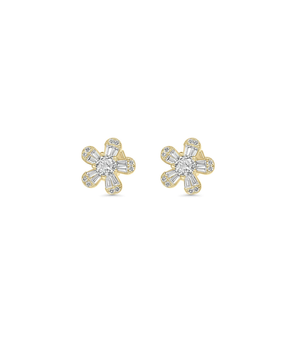Flower Stud Earrings front view yellow gold with diamond bloom design