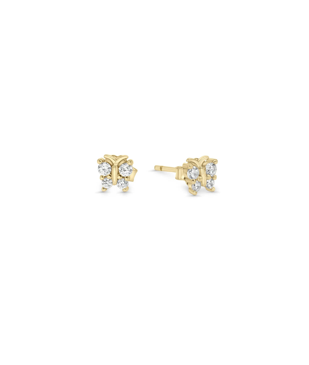 Diamond Butterfly Stud Earrings front view yellow gold with delicate wings