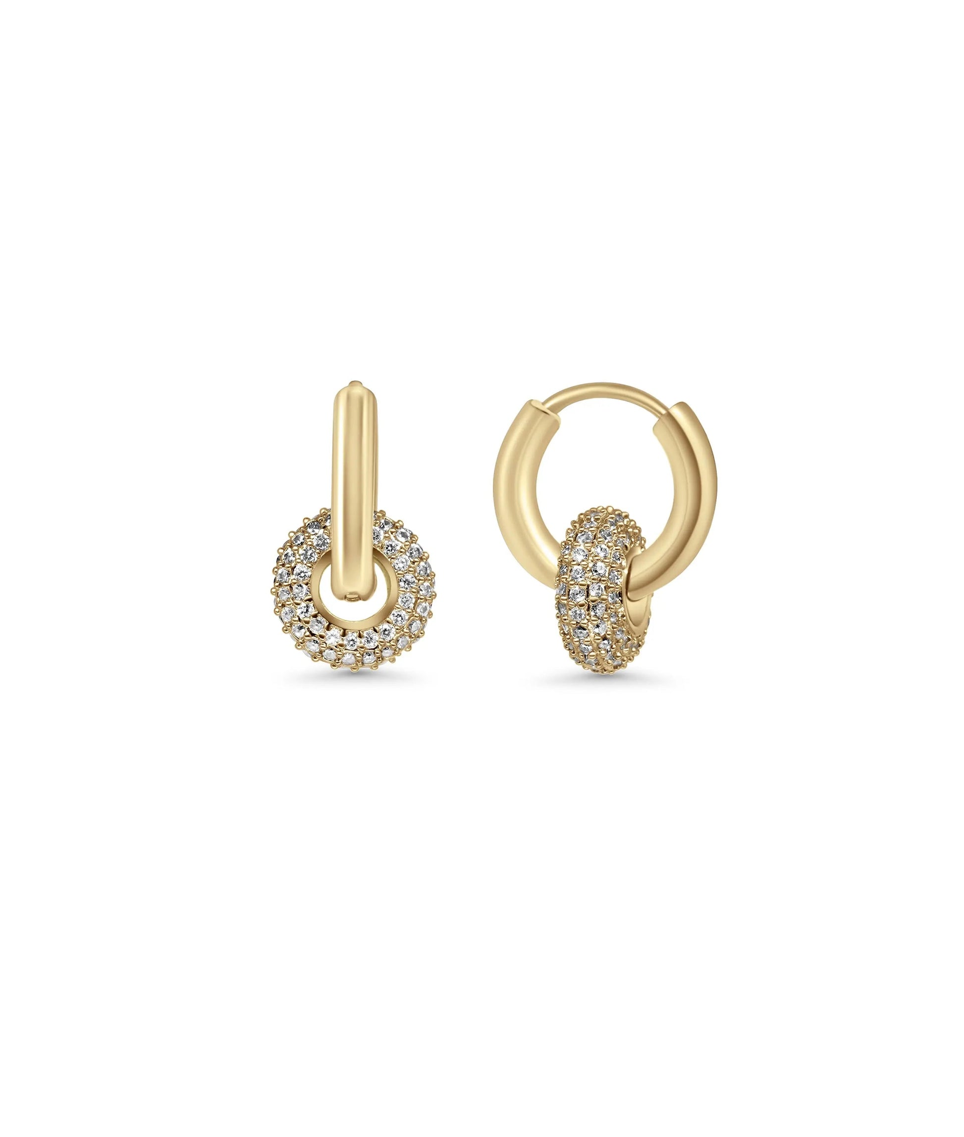 Diamond Ring Hoop Earrings front view yellow gold with dangling diamond ring