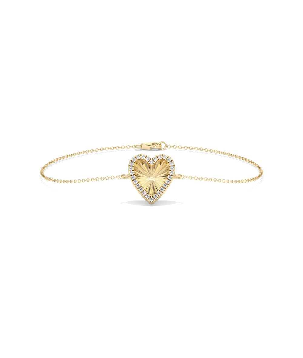 Fluted Heart Bracelet front view yellow gold with diamond heart charm