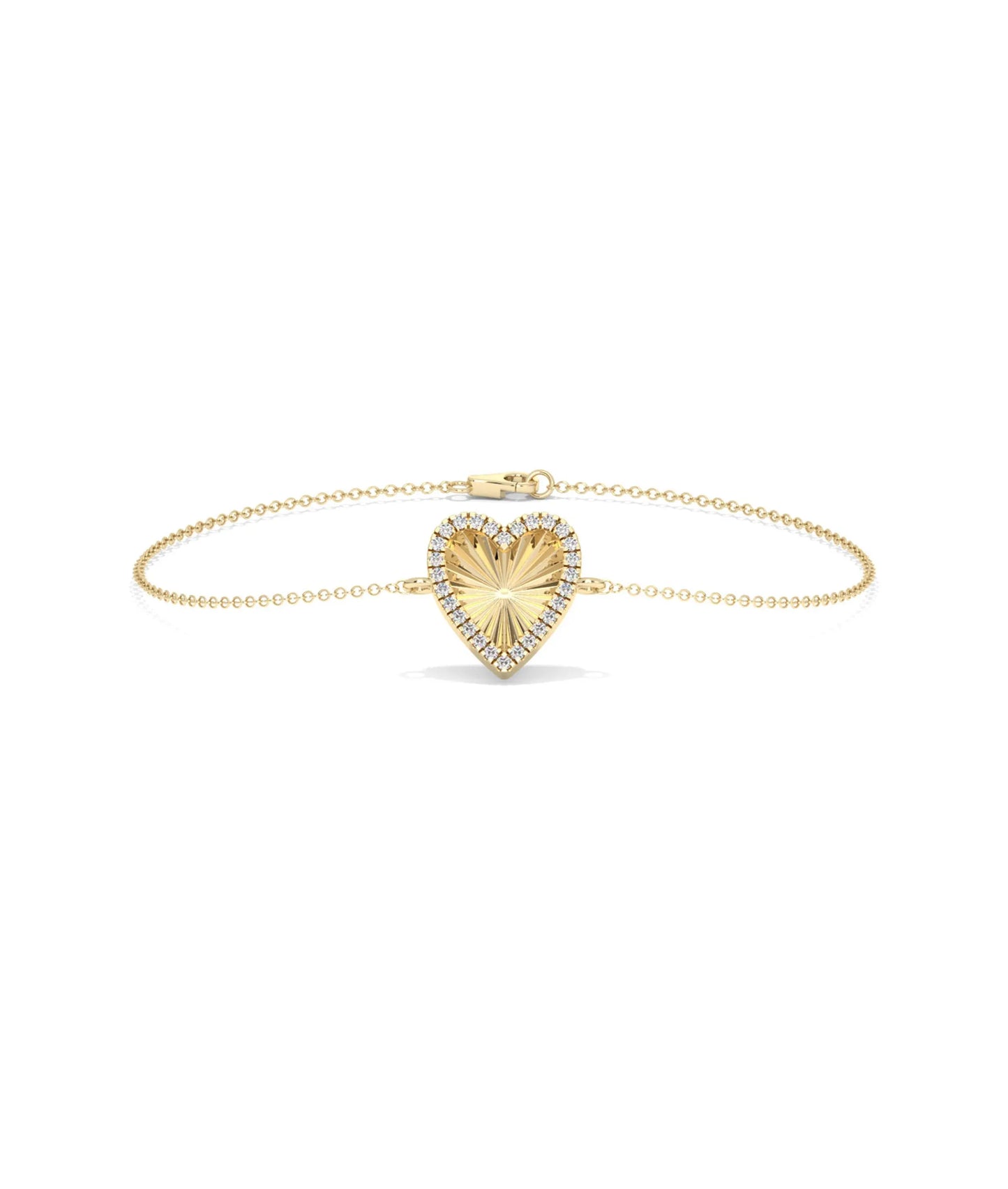 Fluted Heart Bracelet front view yellow gold with diamond heart charm