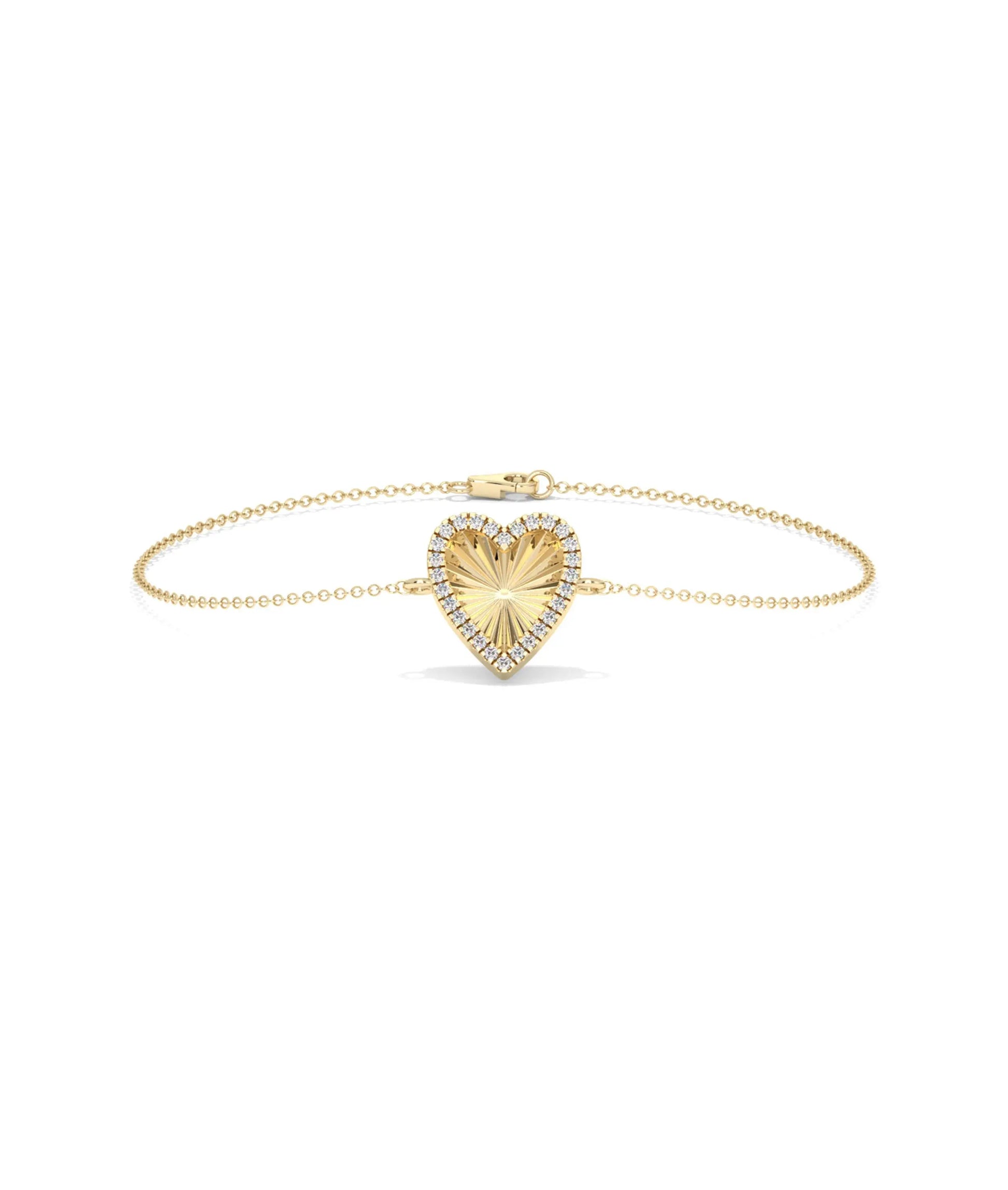 Fluted Heart Bracelet front view yellow gold with diamond heart charm