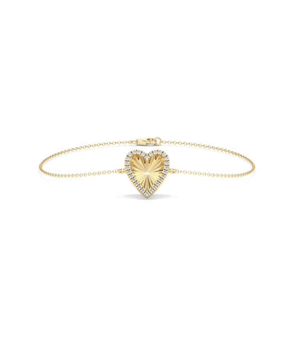 Fluted Heart Bracelet front view yellow gold with diamond heart charm