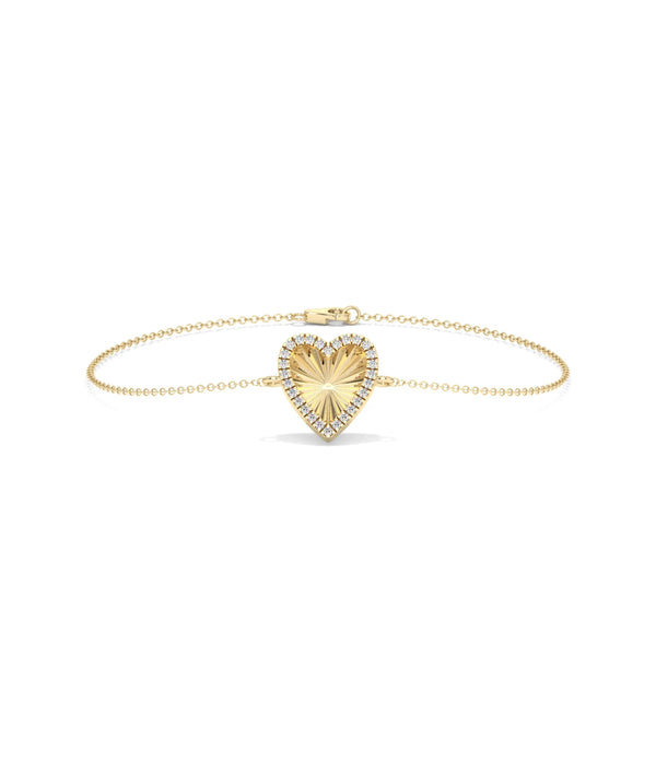 Fluted Heart Bracelet front view yellow gold with diamond heart charm